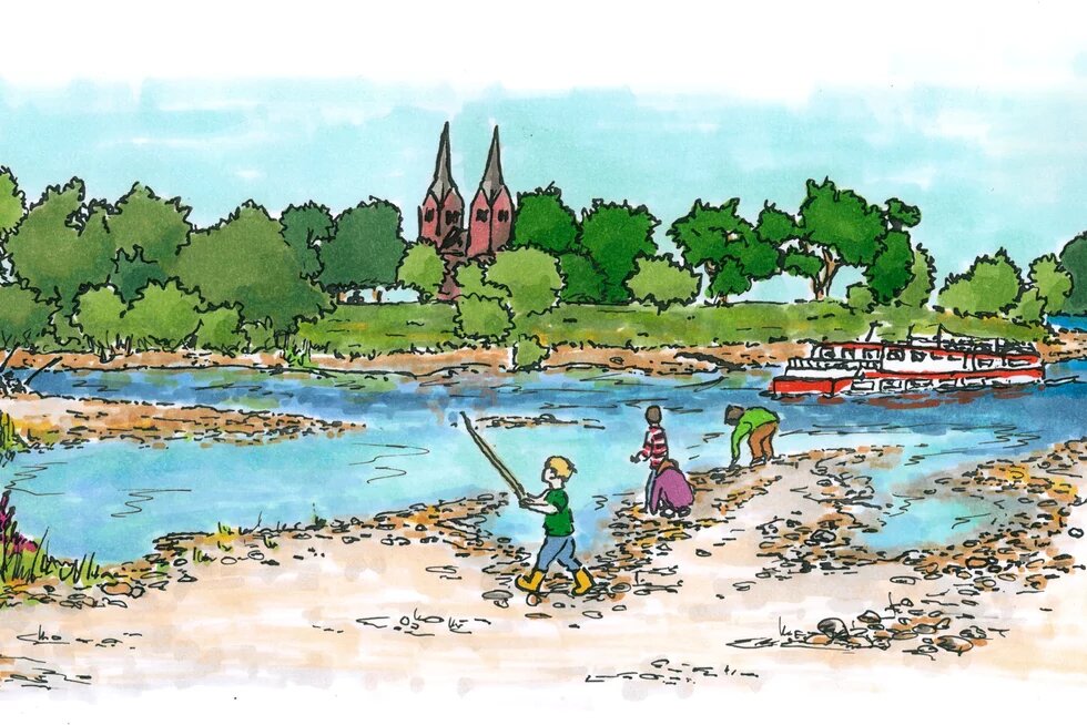 Vision der Oberweser 2035: Weser-Inseln, spielende Kinder, strukturreiche Ufer, erholsame Spaziergänge