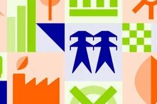 Stilisierte Grafiken unterschiedlicher Bestandteile nachhaltiger Wirtschaft, darunter ein Windrad, eine Straße, ein Traktor