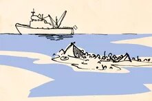 Illustration: Im Vordergrund Teile eines gekenterten Boots, im Hintergrund ein Schiff 