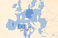 EU-Landkarte mit Grenzposten und Menschen, die davor warten