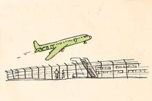 Die Illustration zeigt ein Flugzeug, das abhebt und über einen Zaun fliegt.