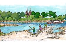 Vision der Oberweser 2035: Weser-Inseln, spielende Kinder, strukturreiche Ufer, erholsame Spaziergänge