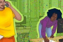 Die Illustration zeigt zwei junge Menschen in Aktion. Eine männlich gelesene Person telefoniert. Eine weiblich gelesene Person schreibt.