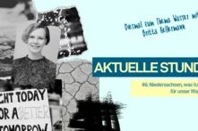 Zu sehen ist ein Bild rechts mit dem Schriftzug "Aktuelle Stunde: Niedersachsen, was tust du für unser Wasser? Diesmal zum Thema Wasser mit Britta Kellermann" vor hellblauem Hintergrund. Links ist ein Bild von Britta Kellermann in schwarz-weiß.