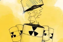 Zeichnung schwarz auf gelbem Hintergrund: Schief stehende Fässer mit radioaktivem Inhalt. Oben ein Fass, das "ausläuft"