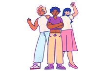 Drei gezeichnete Frauen. Die eine hat ihre Hände vor sich verschränkt, während die anderen beiden einen Arm kämpferisch in die Luft heben.