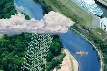 Eine Regenwolke entlädt sich über einem mäandernden Fluss. Darin schwimmt ein Fisch. Gleich daneben verläuft ein begradigter Kanal, der von einem Fahrgastschiff befahren wird.