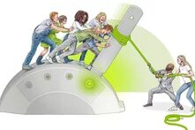 Die Illustration zeigt eine Gruppe von Menschen die mit gemeinsamer Kraft und einem grünen Seil einen überdimensionierten Kippschalter umlegen.