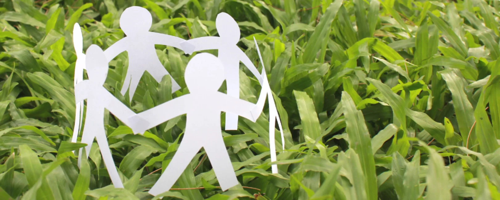 Weiße Papierfiguren im Kreis auf Gras