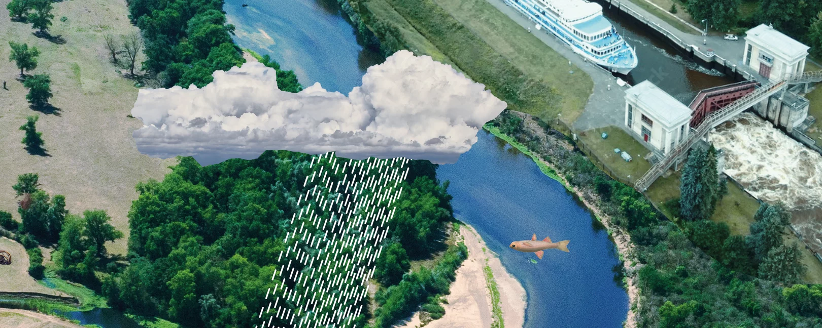 Eine Regenwolke entlädt sich über einem mäandernden Fluss. Darin schwimmt ein Fisch. Gleich daneben verläuft ein begradigter Kanal, der von einem Fahrgastschiff befahren wird.