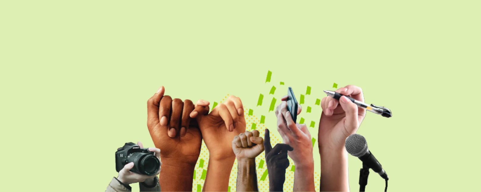 Hände in Aktion z.B. mit Stift, Smartphone, Kamera, kämpferischer Faust