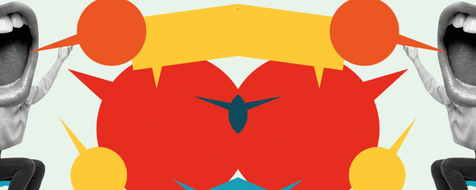 Das Bild zeigt gespiegelt: zwei Personen auf einem Stuhl, überdimensionierte schreiende Münder, Sprechblasen