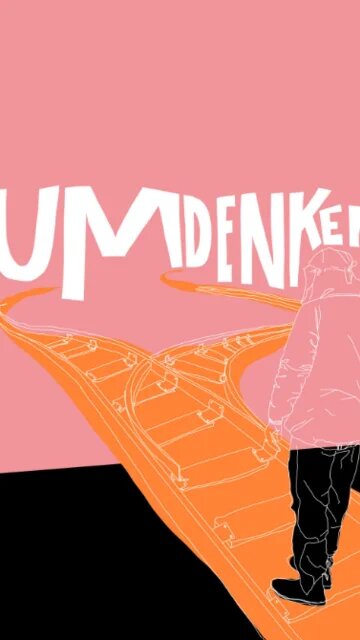 Auf dem Bild ist die Silhouette einer Person zu sehen, die vor einem Weg steht, welcher sich in zwei Wege aufteilt. Darüber steht "Umdenken" geschrieben.