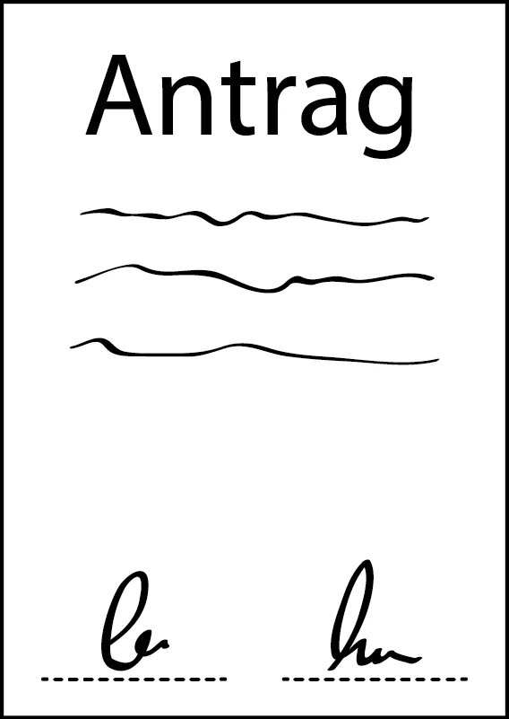 Illustration: Ein Platt Papier mit dem Titel Antrag. Darunter sind geschwungene Linien. Unten auf dem Blatt sind zwei Kürzel als Unterschrift.