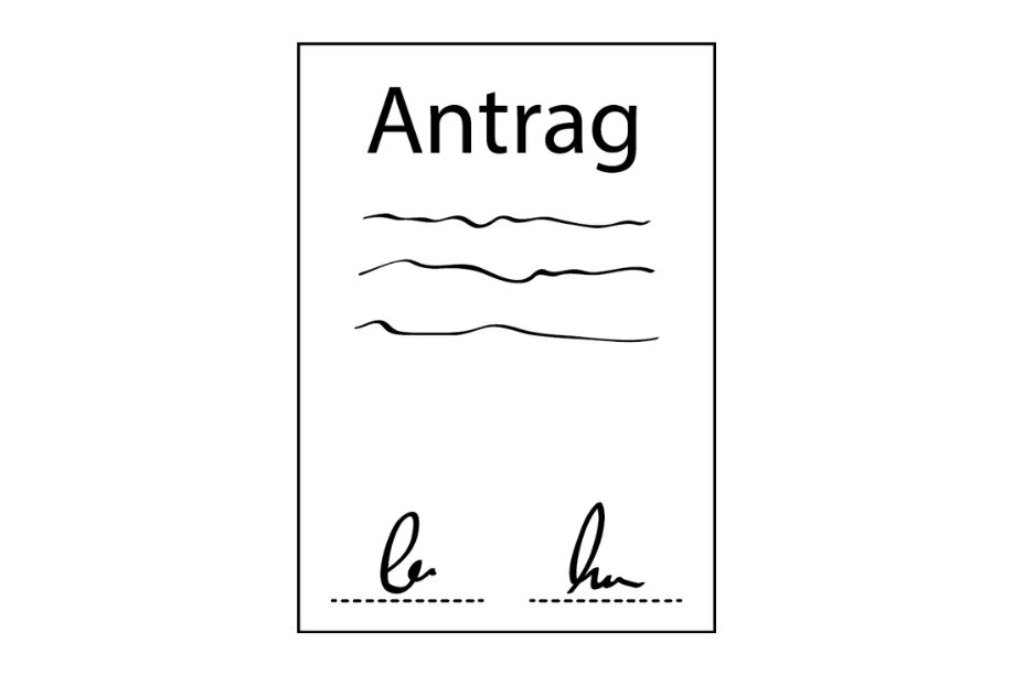 Illustration: Ein Blatt Papier mit dem Wort Antrag. Darunter sind geschwungene Linien. Unten sind zwei Kürzel als Unterschrift.