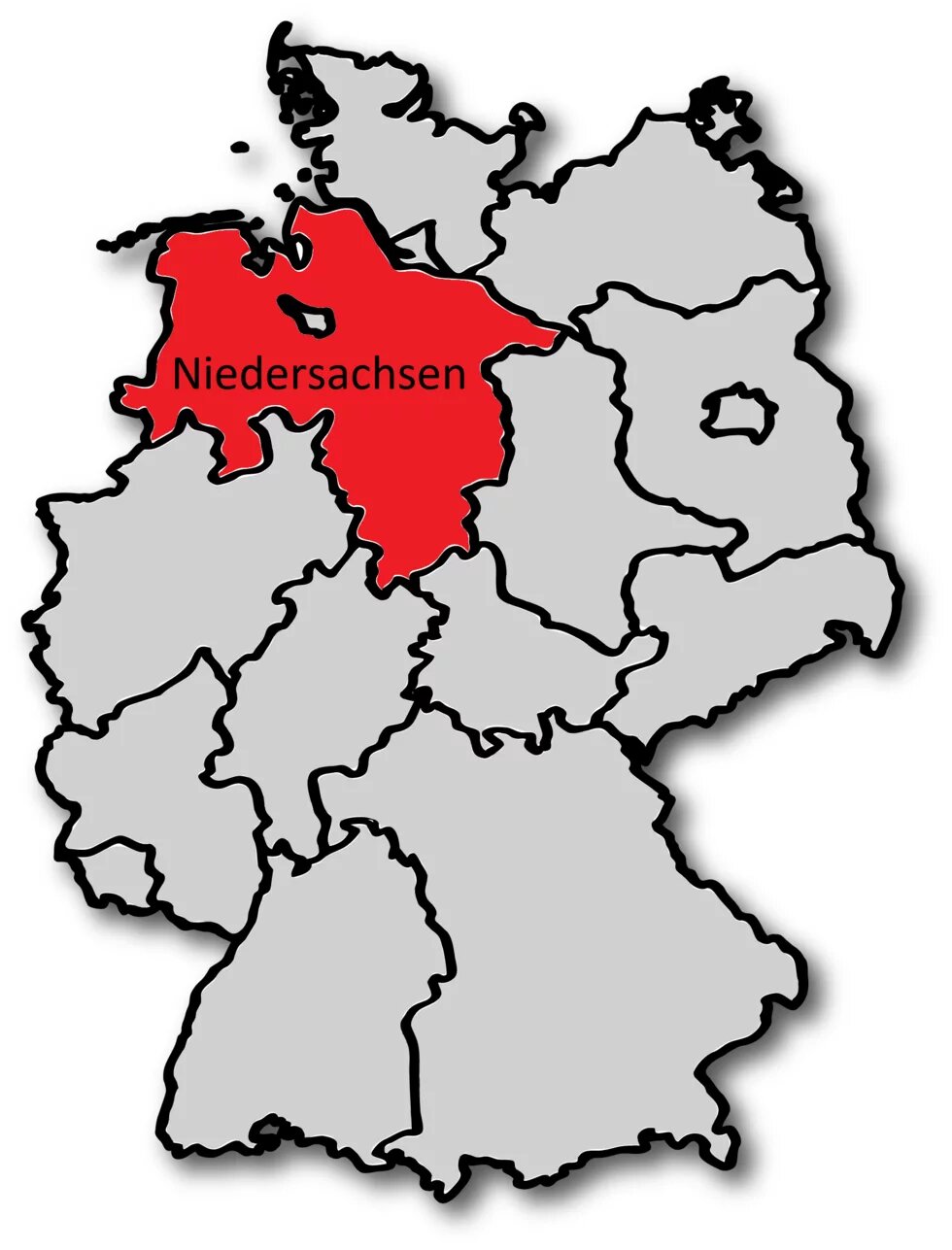 Landkarte von Deutschland mit den 16 Bundesländern. Das Bundesland Niedersachsen ist mit roter Farbe gefüllt.