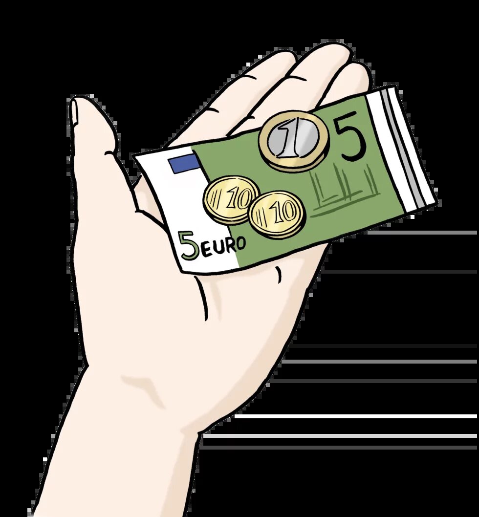 Illustration: Geld (5 Euro-Schein, eine 1-Euro-Münze und zwei 10 Cent-Münzen) liegen in einer geöffneten Hand