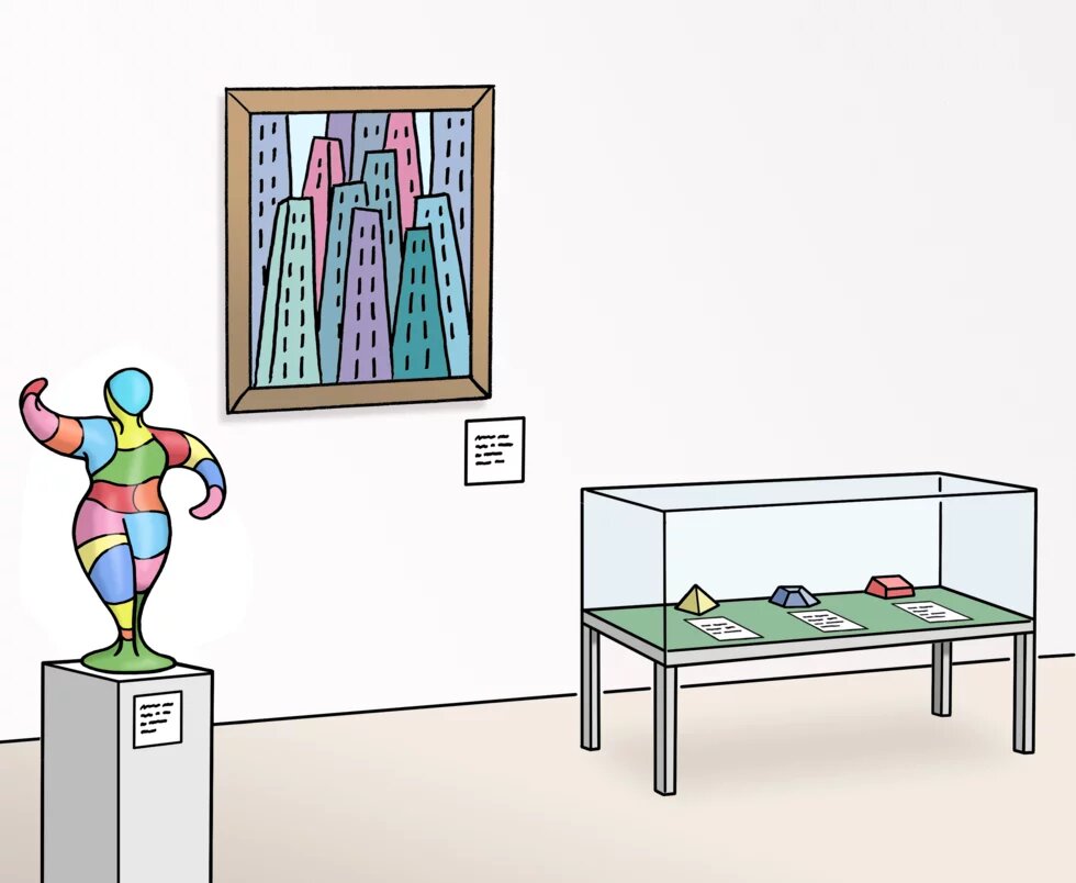 Illustration von einem Ausstellungsraum mit einem Wandbild, einer Skulptur und einer Vitrine mit Ausstellungsstücken