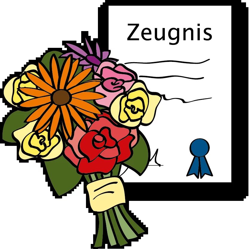 Blumenstrauß und Zeugnis mit einem offiziellen Sigel