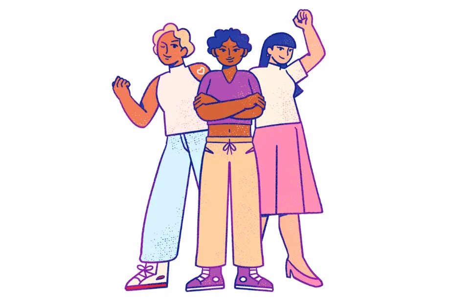 Drei gezeichnete Frauen. Die eine hat ihre Hände vor sich verschränkt, während die anderen beiden einen Arm kämpferisch in die Luft heben.