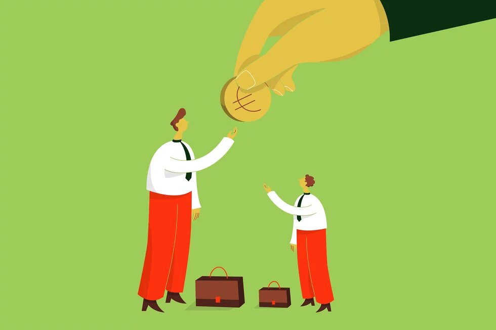 Illustration: Eine überdimensional Hand reicht einer Person ein Eurostück. Daneben steht eine zweite Person mit identischem Aussehen, jedoch kleiner. Sie streckt ebenfalls die Hand nach dem Eurostück aus. Kann es jedoch nicht erreichen.