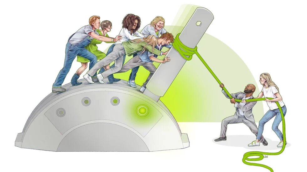 Die Illustration zeigt eine Gruppe von Menschen die mit gemeinsamer Kraft und einem grünen Seil einen überdimensionierten Kippschalter umlegen.
