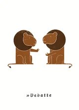 Zwei gezeichnete Löwen, die sich anschauen. Unter ihnen steht "Debatte" geschrieben.