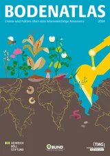 Cover Bodenatlas 2024: eine Baggerschaufel gräbt sich in einen fruchtbaren Boden mit Pflanzenbewuchs und Lebewesen